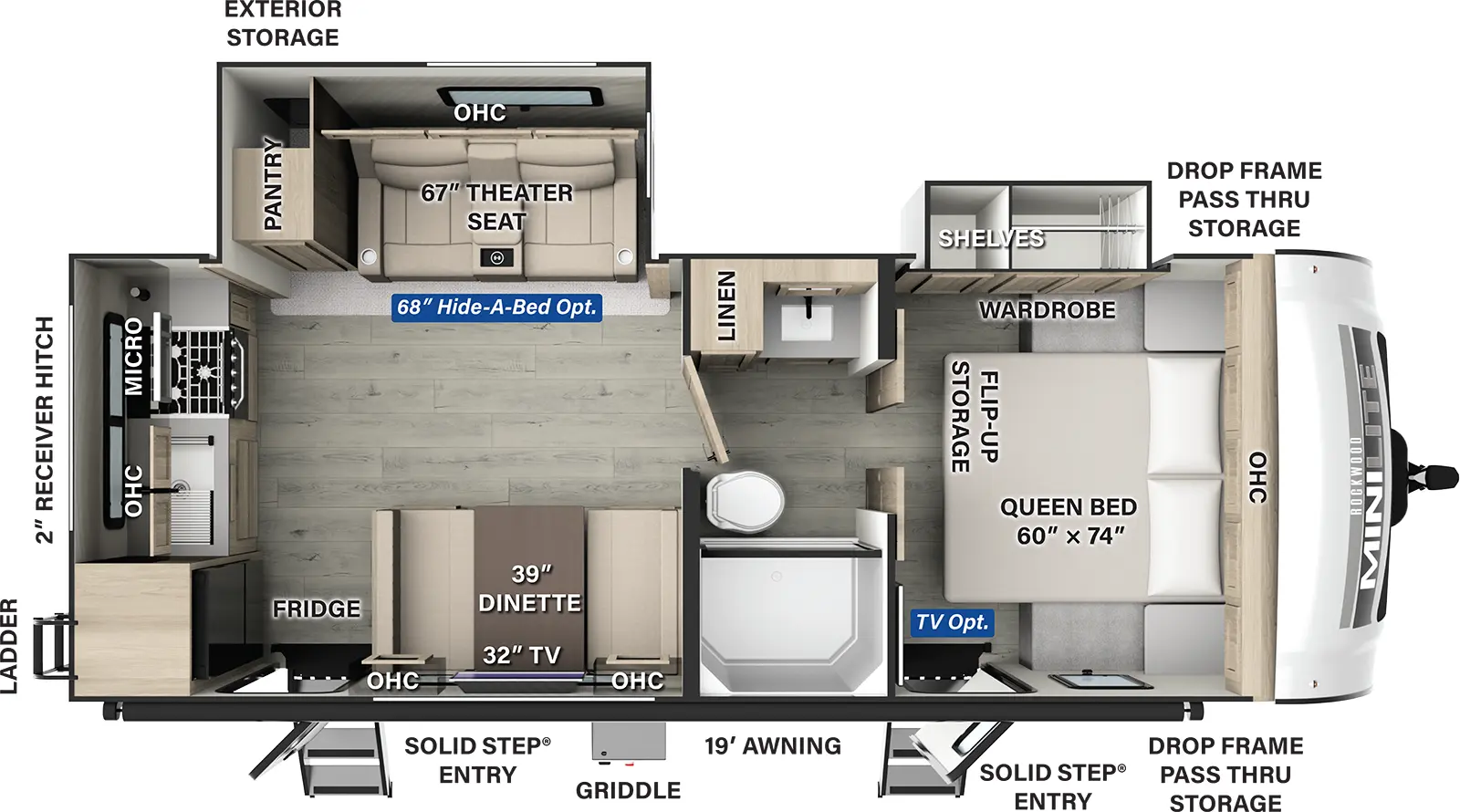 The Rockwood Mini Lite 2515S has two entries and two slide outs. Exterior features include: fiberglass exterior and 19' awning. Interiors features include: rear kitchen, front bedroom and pass through bathroom.